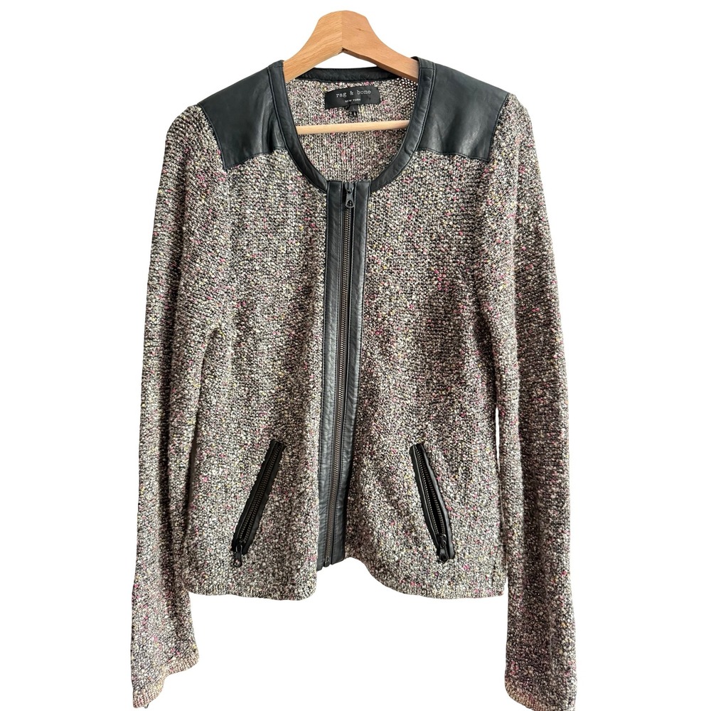 Rag & Bone Multi-Color Boucle Knit Jacket Leather Trim Moto Full Zip Large